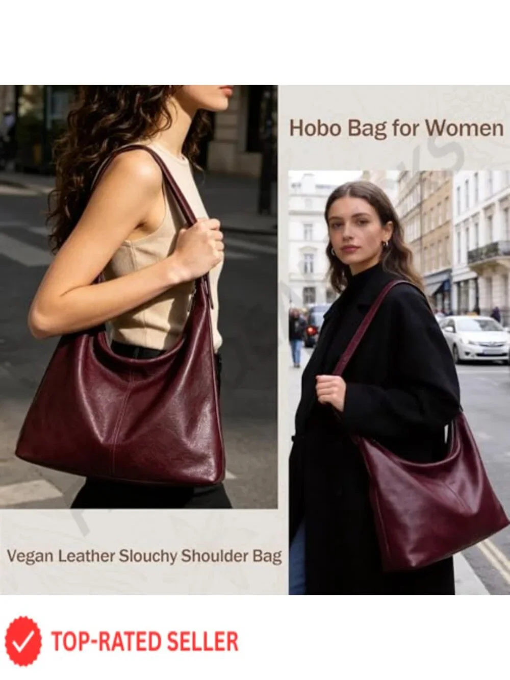 Large Slouchy Hobo Bag Vegan Leather Adjustable Shoulder Purse Work Tote